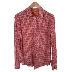 Joe Fresh Button-Down Blouse Women's M Pink Coral Geometric Print Long-Sleeve